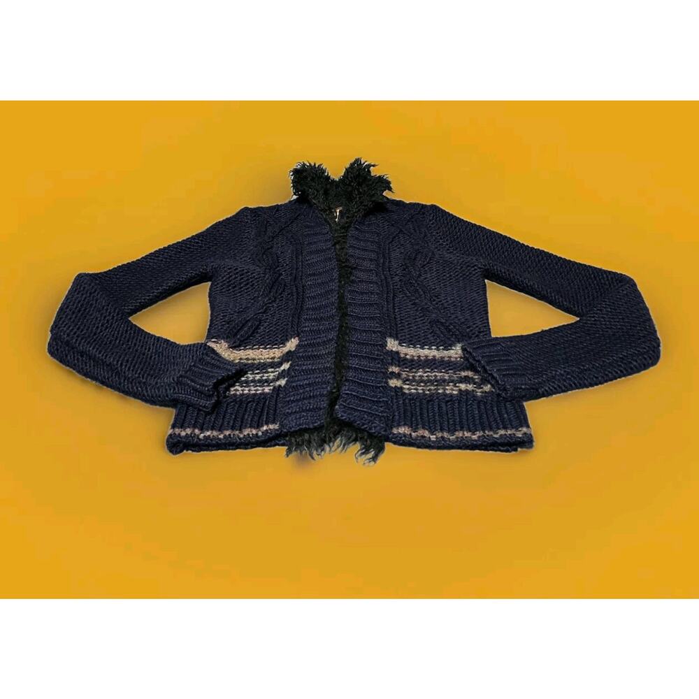 Free People North Star Cardigan Sz S/P, Navy Cable Knit with Faux Fur Collar